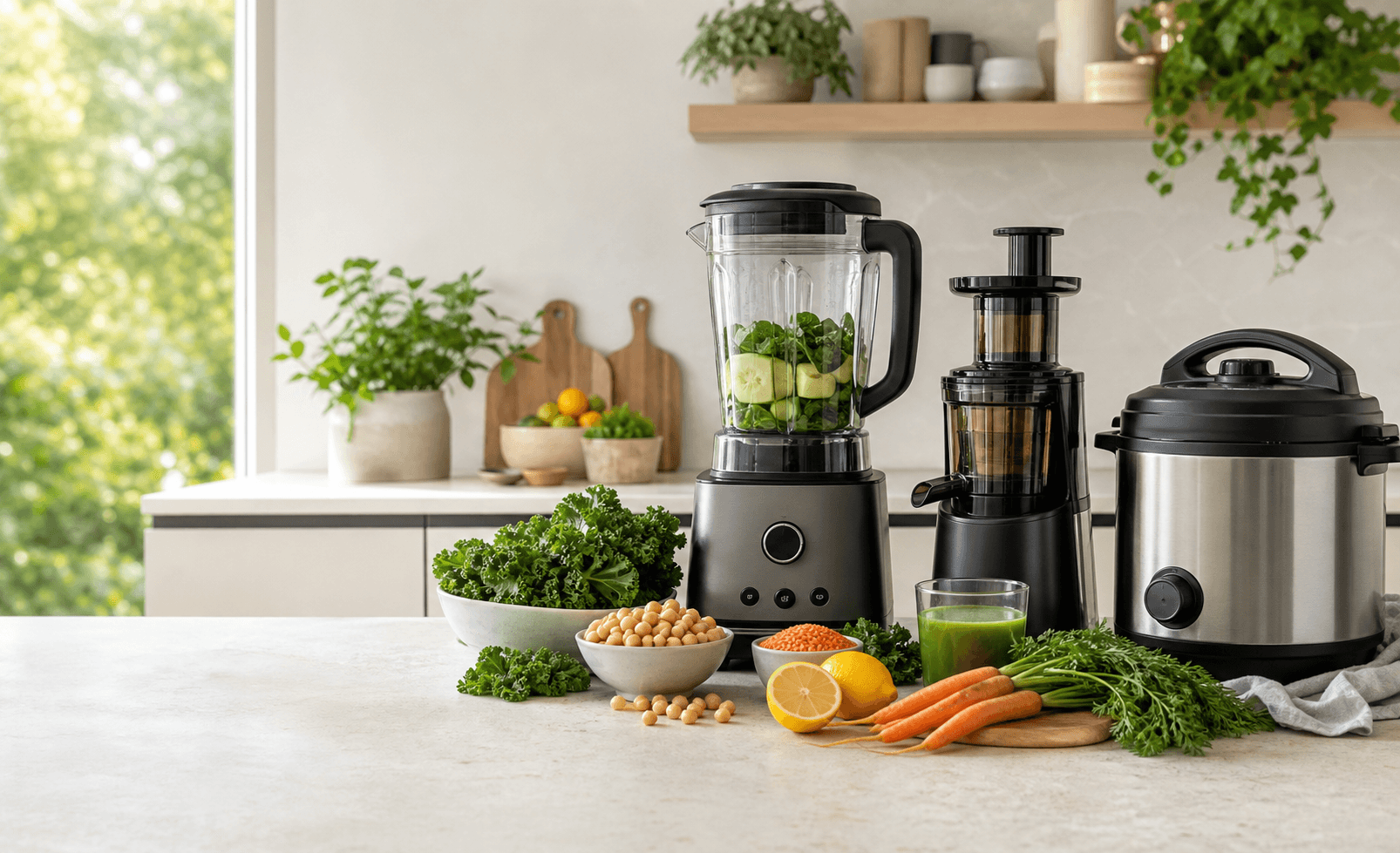 Plant-based kitchen devices with blender, juicer, pressure cooker, and fresh produce