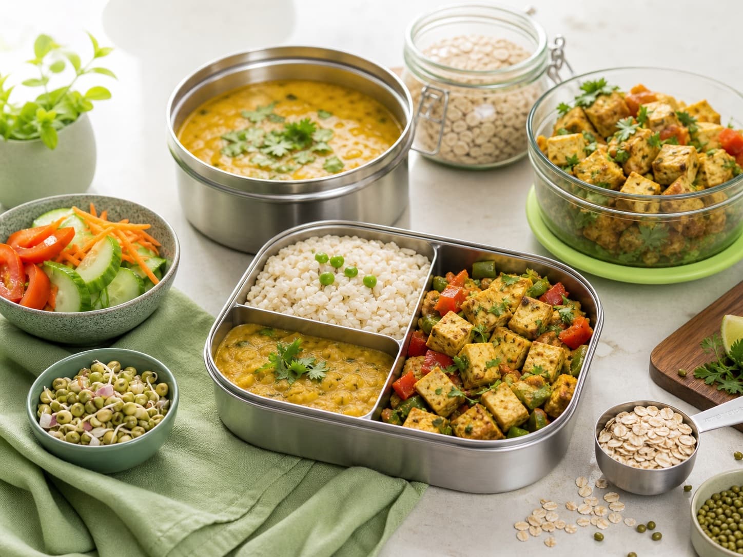Prepared practical meals with grains, dal, salad, and tofu