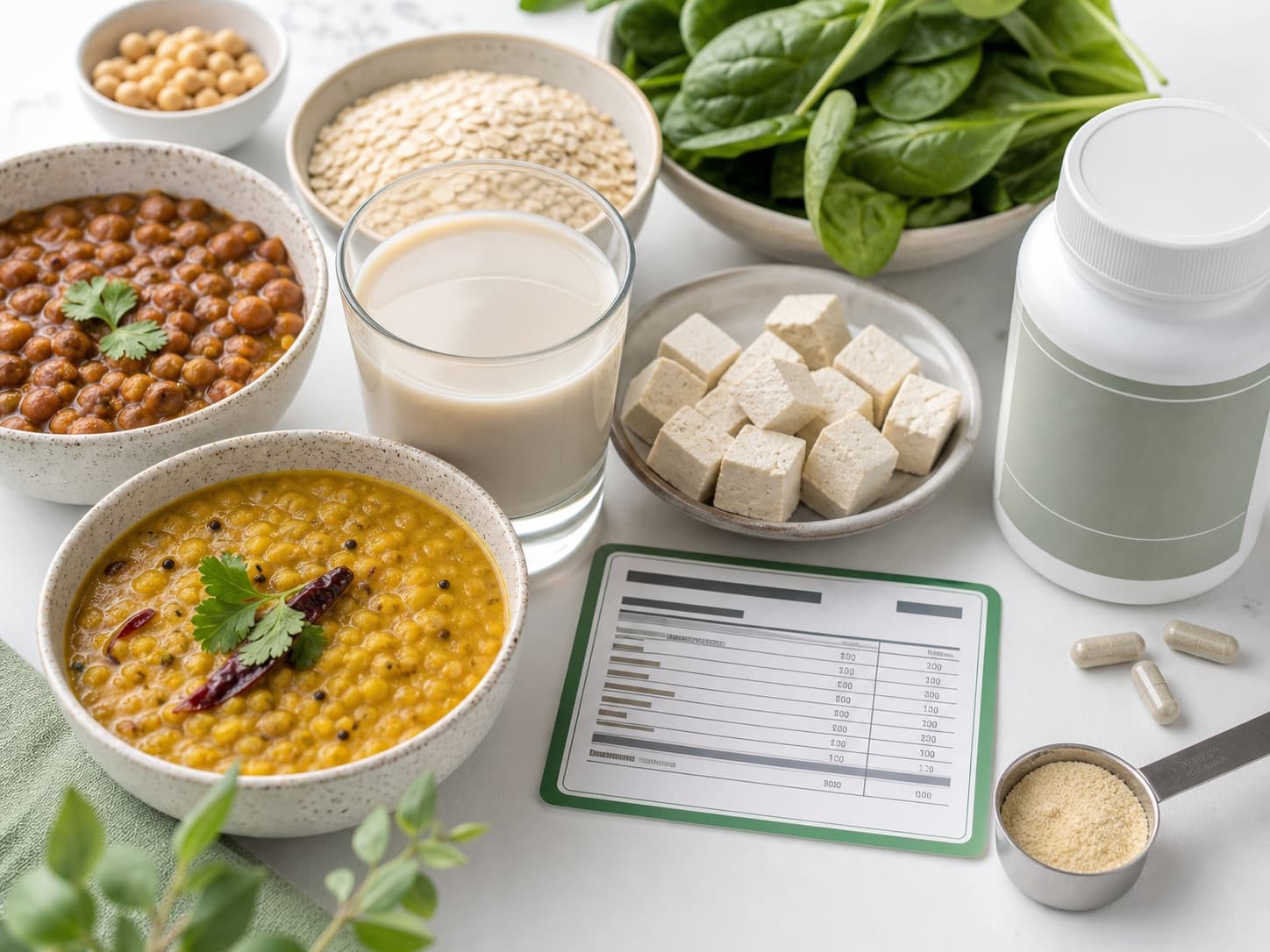 Plant protein foods with dal, chana, tofu, greens, plant milk, and supplements