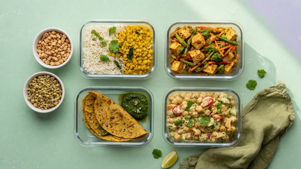 High-protein plant-based meal prep with dal-rice, tofu stir-fry, chilla, and chickpea salad